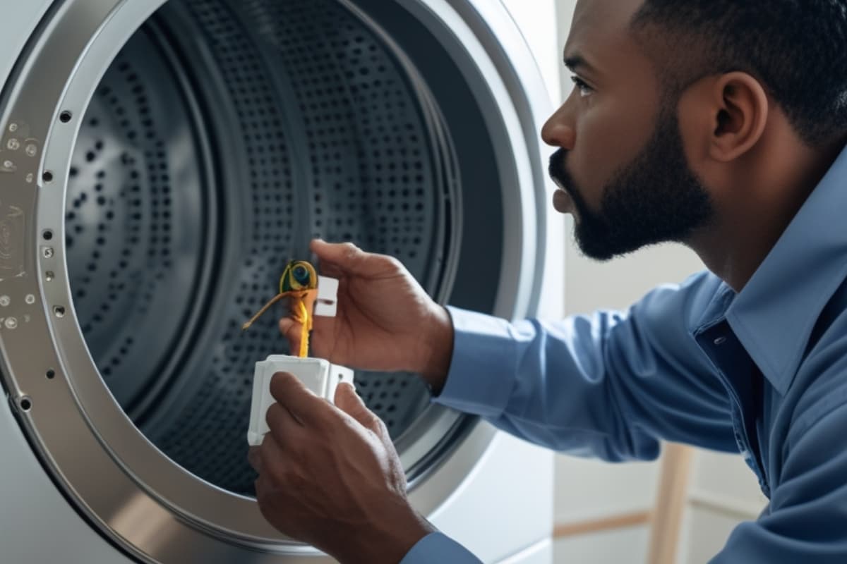Queen City Appliance Service technician fixing a dryer