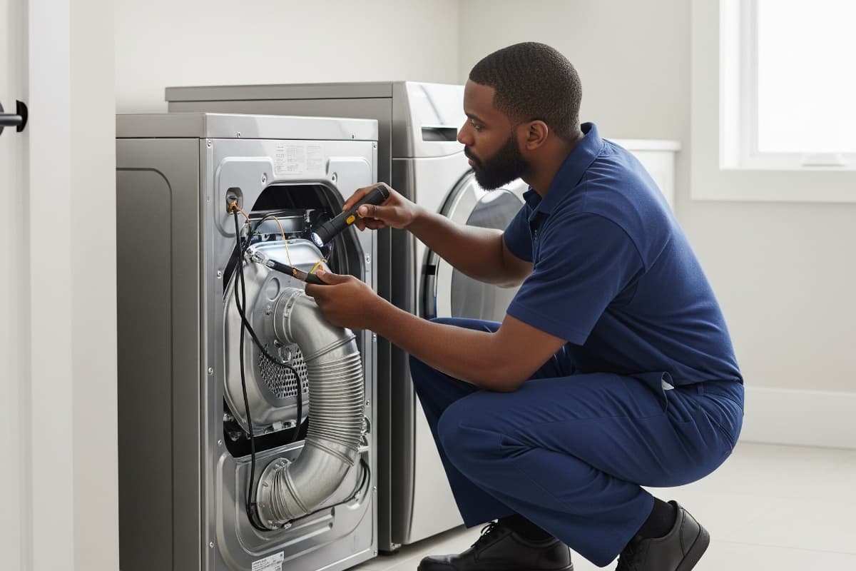 A modern clothes dryer in a clean laundry room