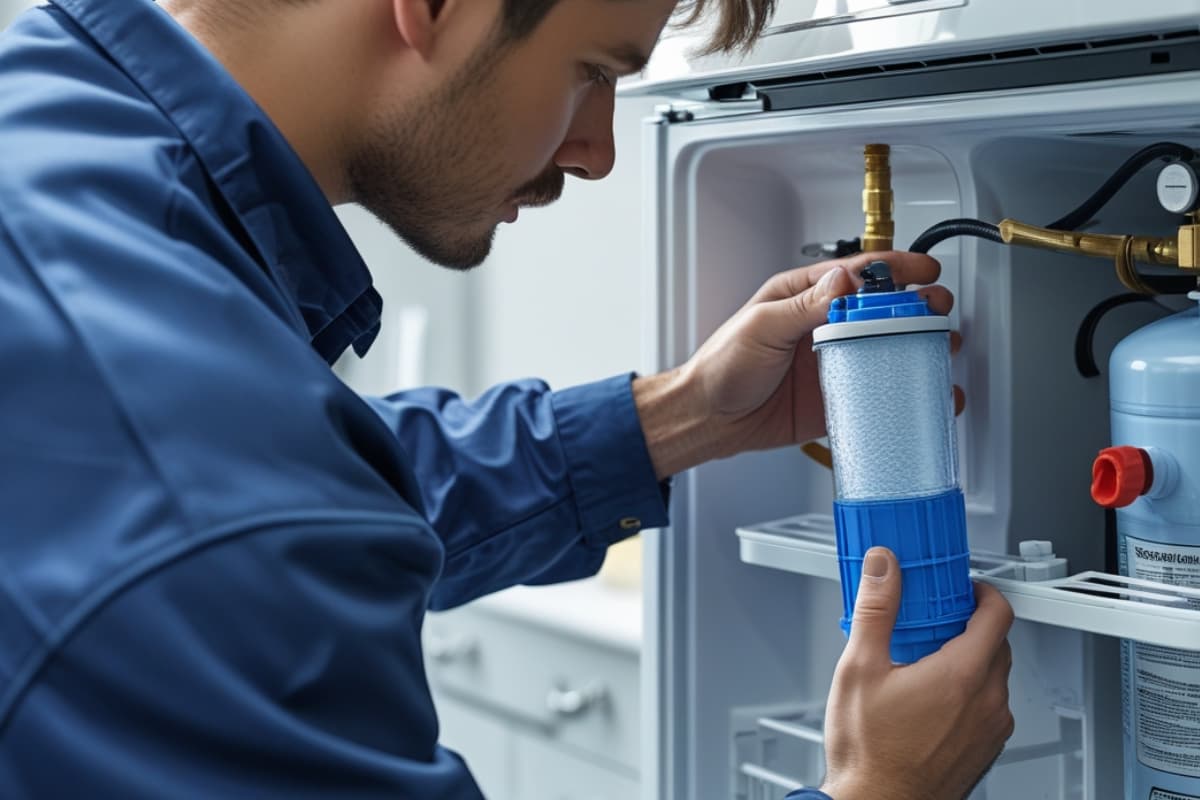 Technician servicing the back of a refrigerator